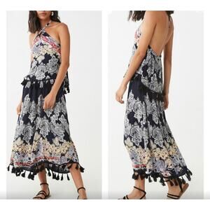Anthropologie Raga Boho Paisley Tassel Embroidered Halter Maxi Dress Size M